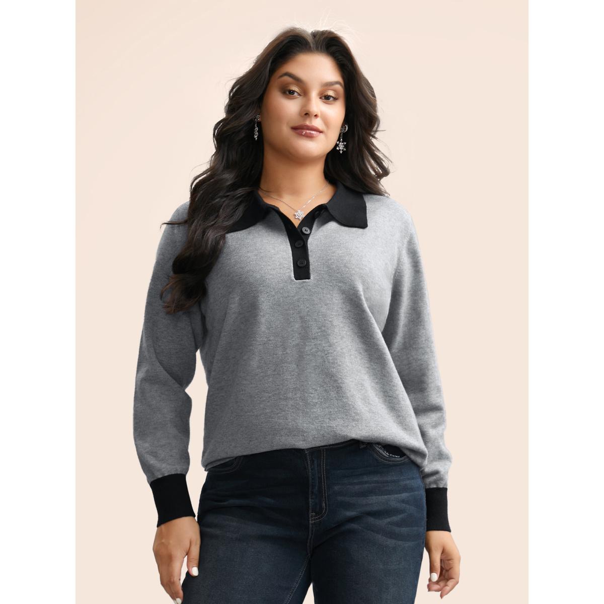 Plus Size Supersoft Essentials Contrast Polo Neck Button Up Pullover Mediumgray Women Casual Loose Long Sleeve Polo Everyday Pullovers BloomChic 26/4X Product Image