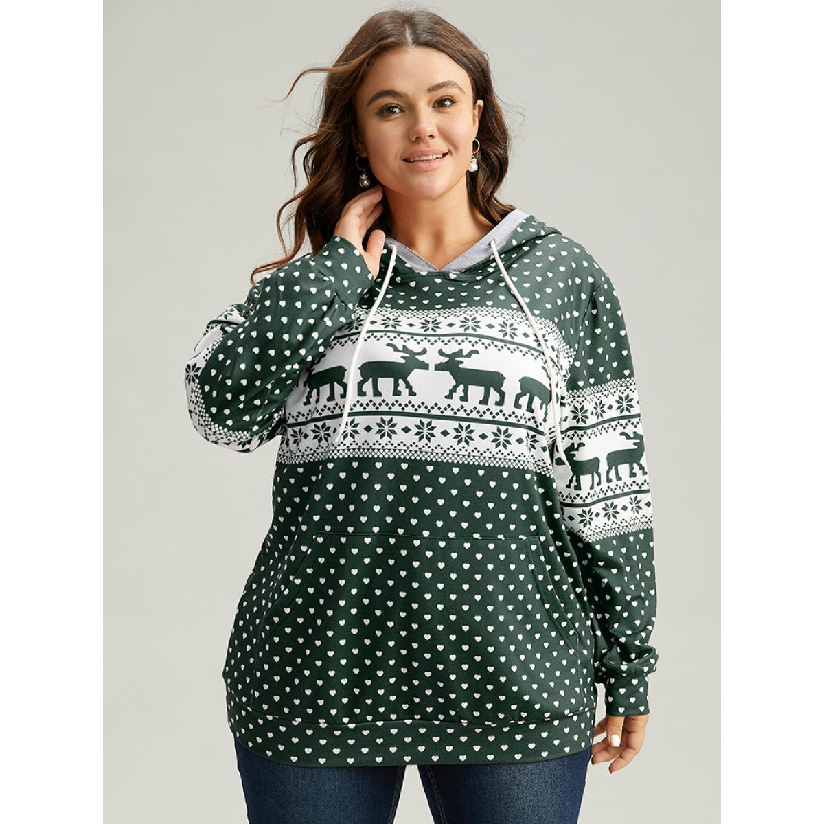 Plus Size Christmas Elk Contrast Kangaroo Pocket Hooded Sweatshirt Women Green Casual Printed Hooded Festival-Halloween Sweatshirts BloomChic 22-24/3X Product Image