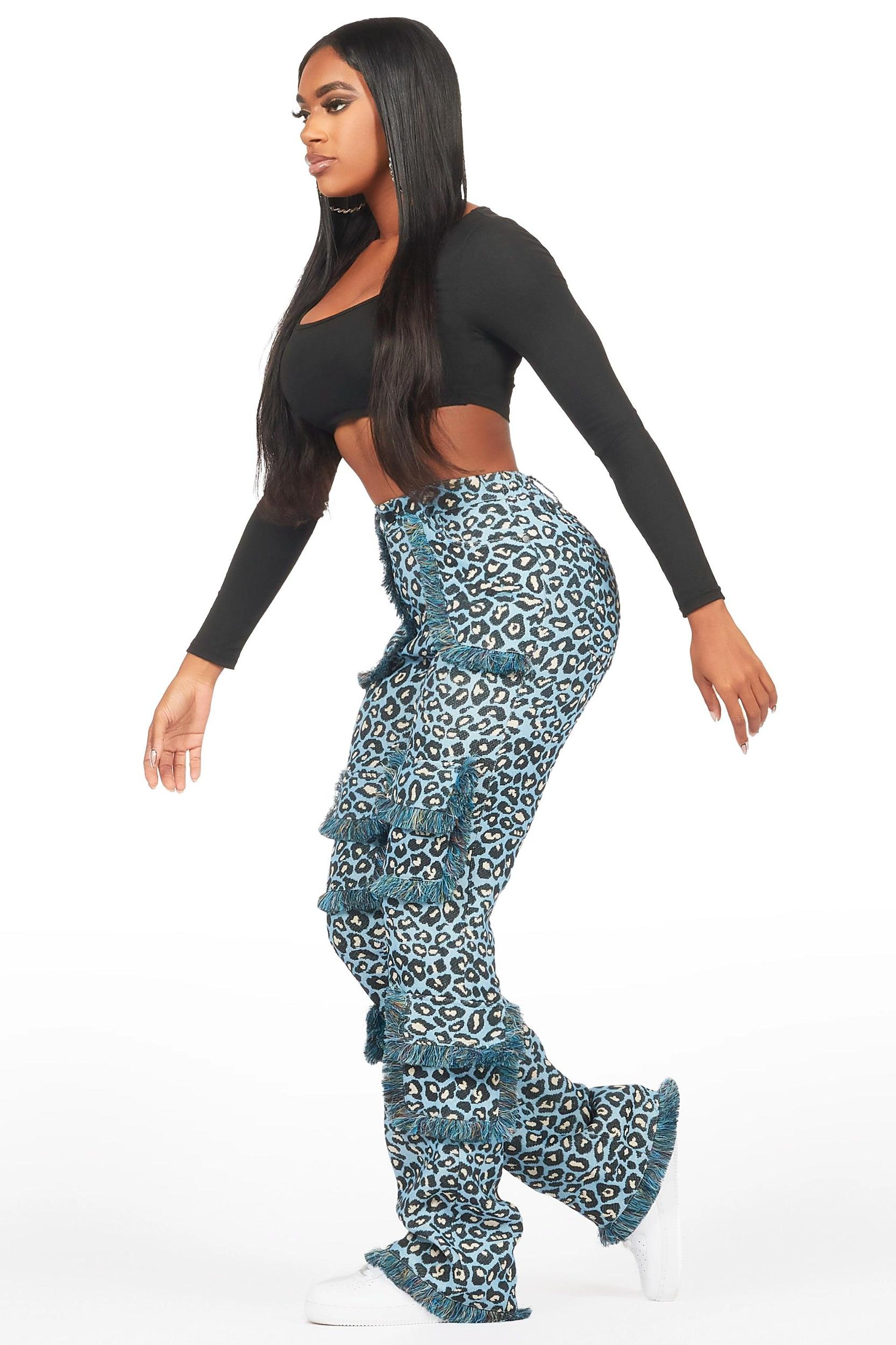Jelissa Blue Cheetah Tapestry Stacked Pant Female Product Image
