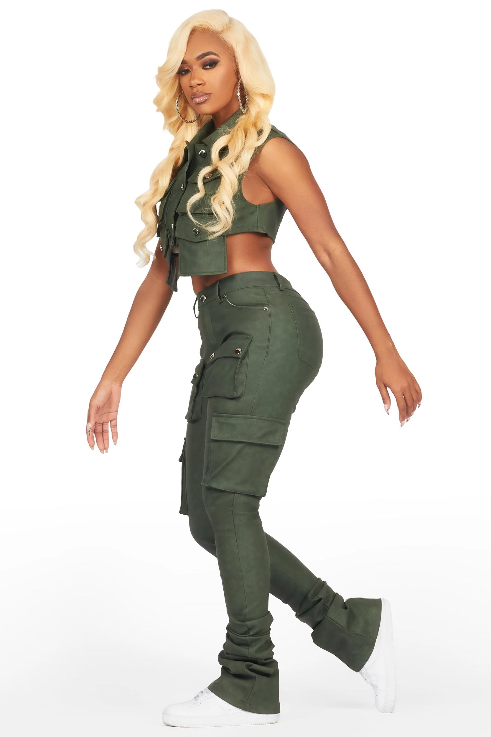 Kiedra Green Cargo Super Stacked PU Pant Female Product Image