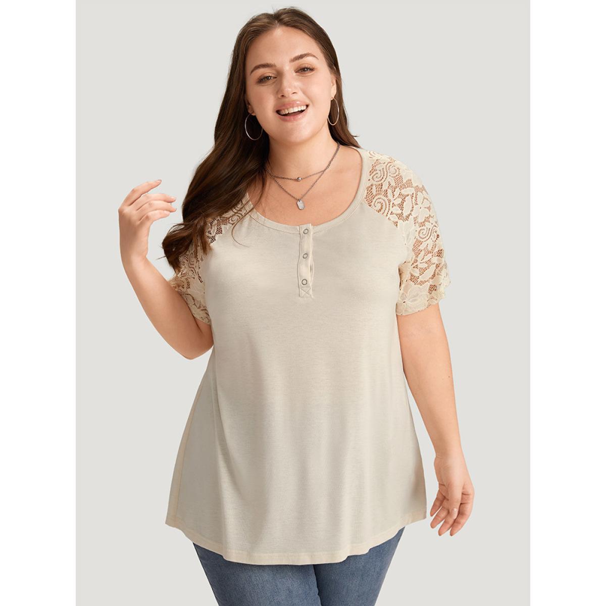 Plus Size Solid Raglan Sleeve Contrast Lace T-shirt Ivory Women Elegant Plain Round Neck Dailywear T-shirts BloomChic 28/5X Product Image