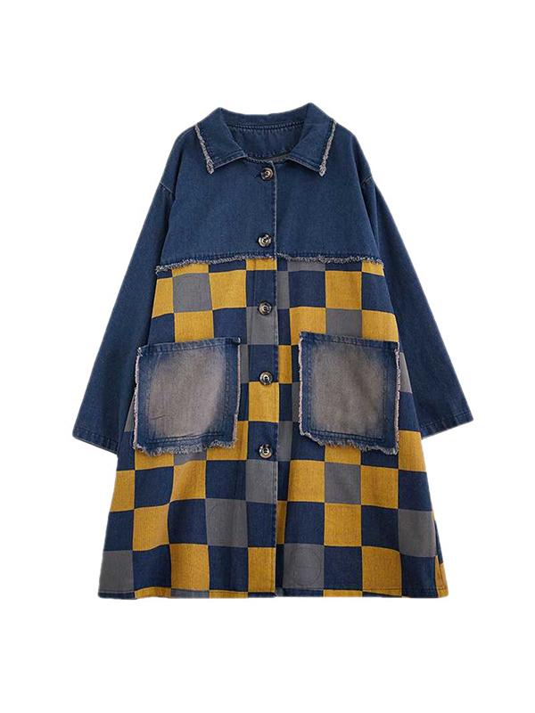 Long Sleeves Loose Buttoned Fringed Plaid Pockets Split-Joint Notched Collar Denim Outerwear Product Image