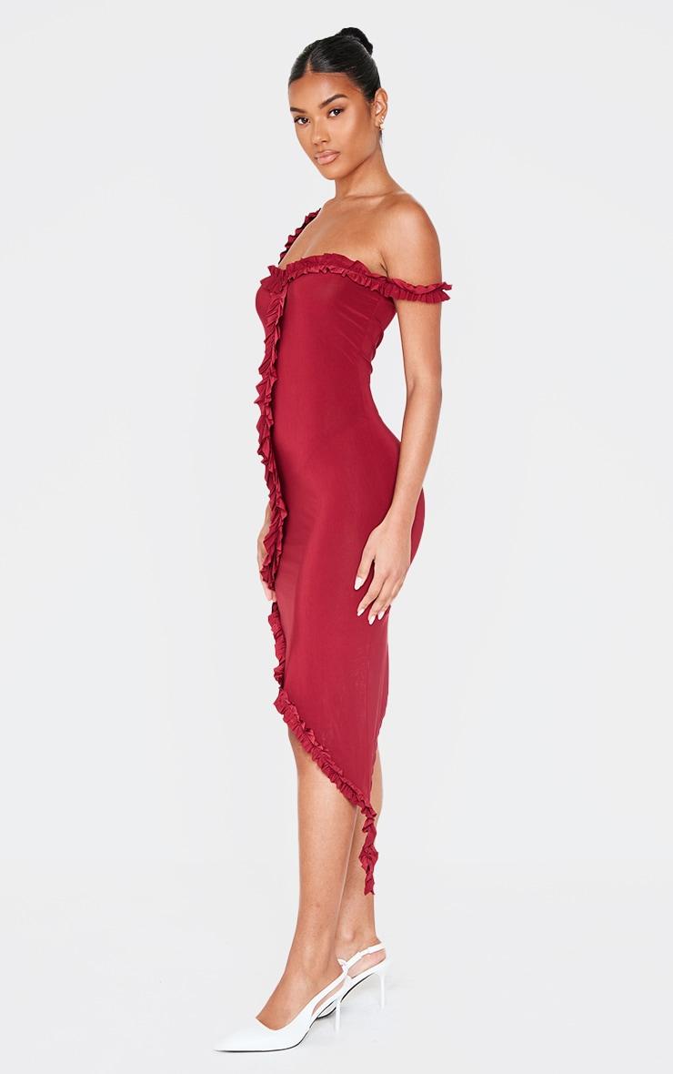 Burgundy Double Layer Slinky Frill Hem Asymetric Midi Dress Product Image
