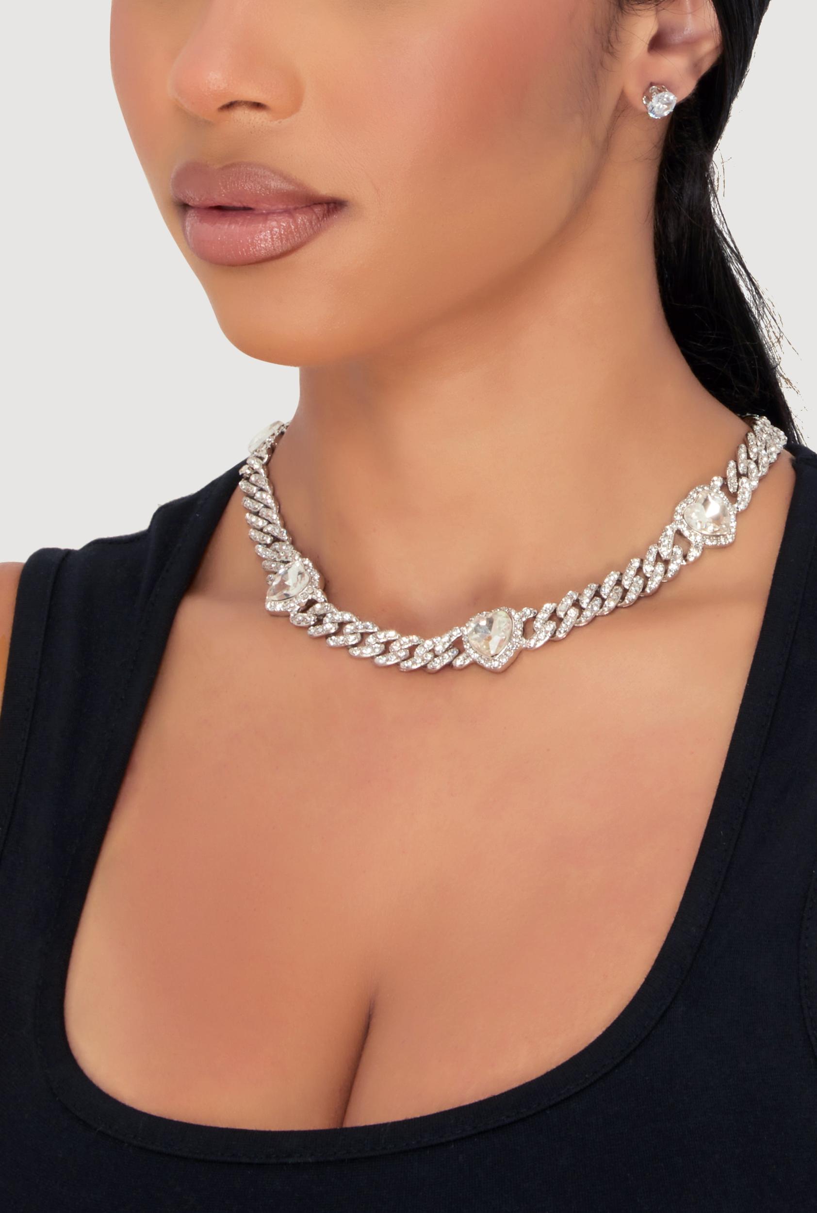 Cubic Zirconia Heart Rhinestone Chain Necklace with Earrings Male Product Image