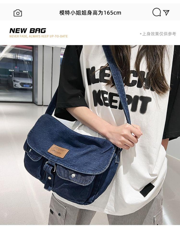 Multi-Pocket Applique Denim Messenger Bag Product Image