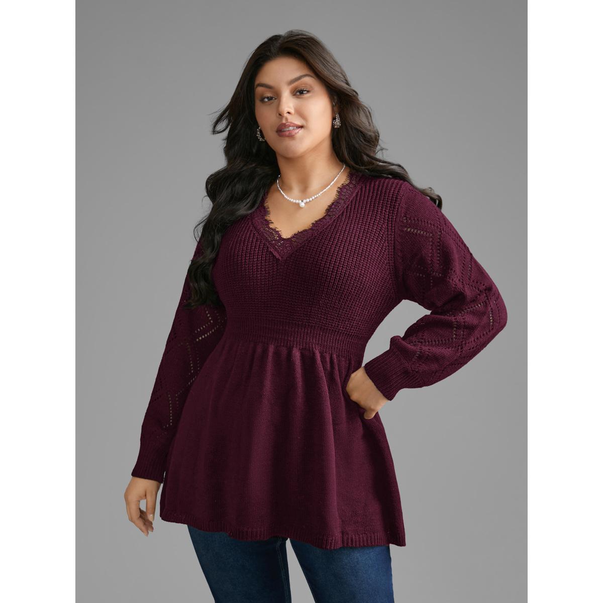 Plus Size V Neck Lace Panel Lantern Sleeve Pullover Deepred Women Casual Bodycon Long Sleeve V-neck Everyday Pullovers BloomChic 28/5X Product Image
