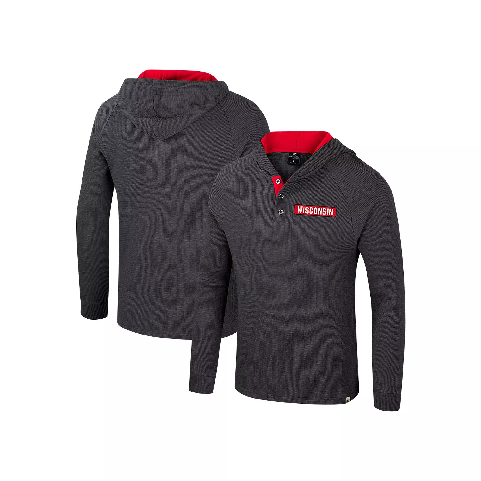 Men's Colosseum Charcoal Wisconsin Badgers Dujour Ralgan Long Sleeve Henley Hoodie T-Shirt,  Product Image