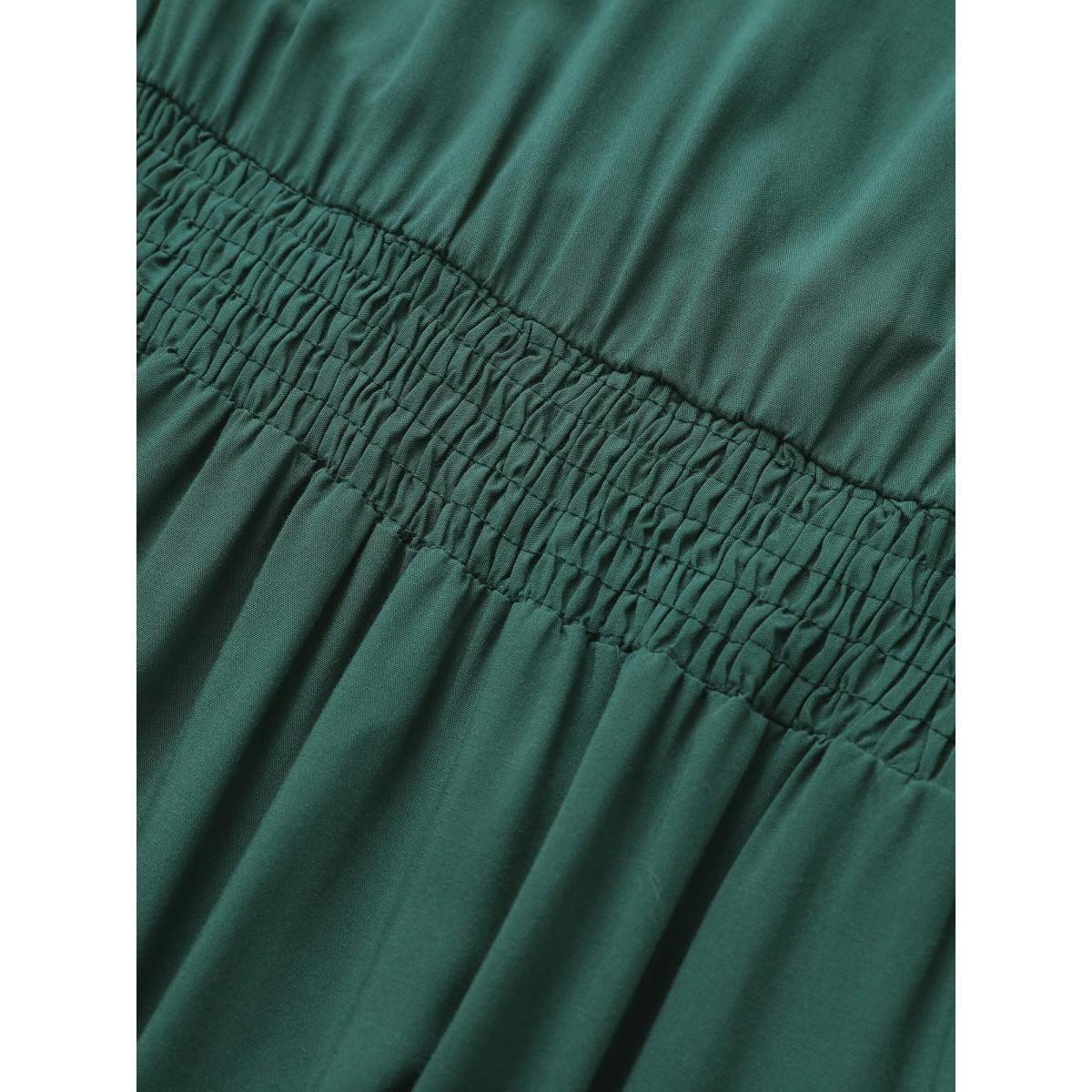 Plus Size Plain Shirred Notched Pocket Pleated Dress Green Women Resort Non Notched collar Short sleeve Curvy Midi Dress BloomChic 14-16/1X Product Image