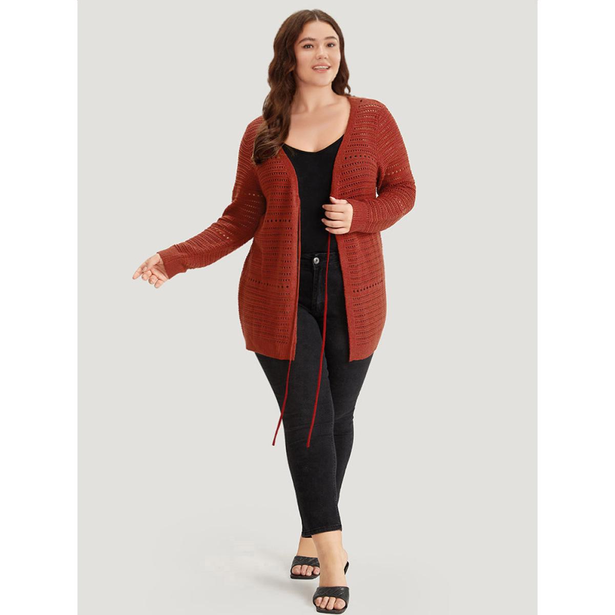 Plus Size Plain Ties Front Geometric Eyelet Cardigan Rust Women Casual Loose Long Sleeve Dailywear Cardigans BloomChic 28/5X Product Image