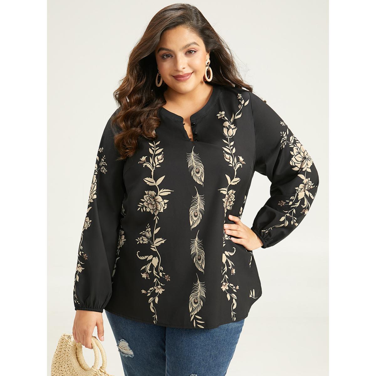Plus Size Black Floral Print Button Up Lantern Sleeve Blouse Women Elegant Long Sleeve Round Neck Dailywear Blouses BloomChic 12/L Product Image