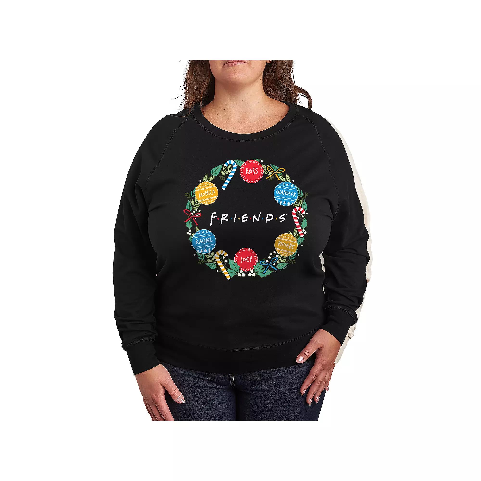 Plus Size Friends Christmas Wreath French Terry Long Sleeve Tee, Women's, Size: 2XL, Black Product Image