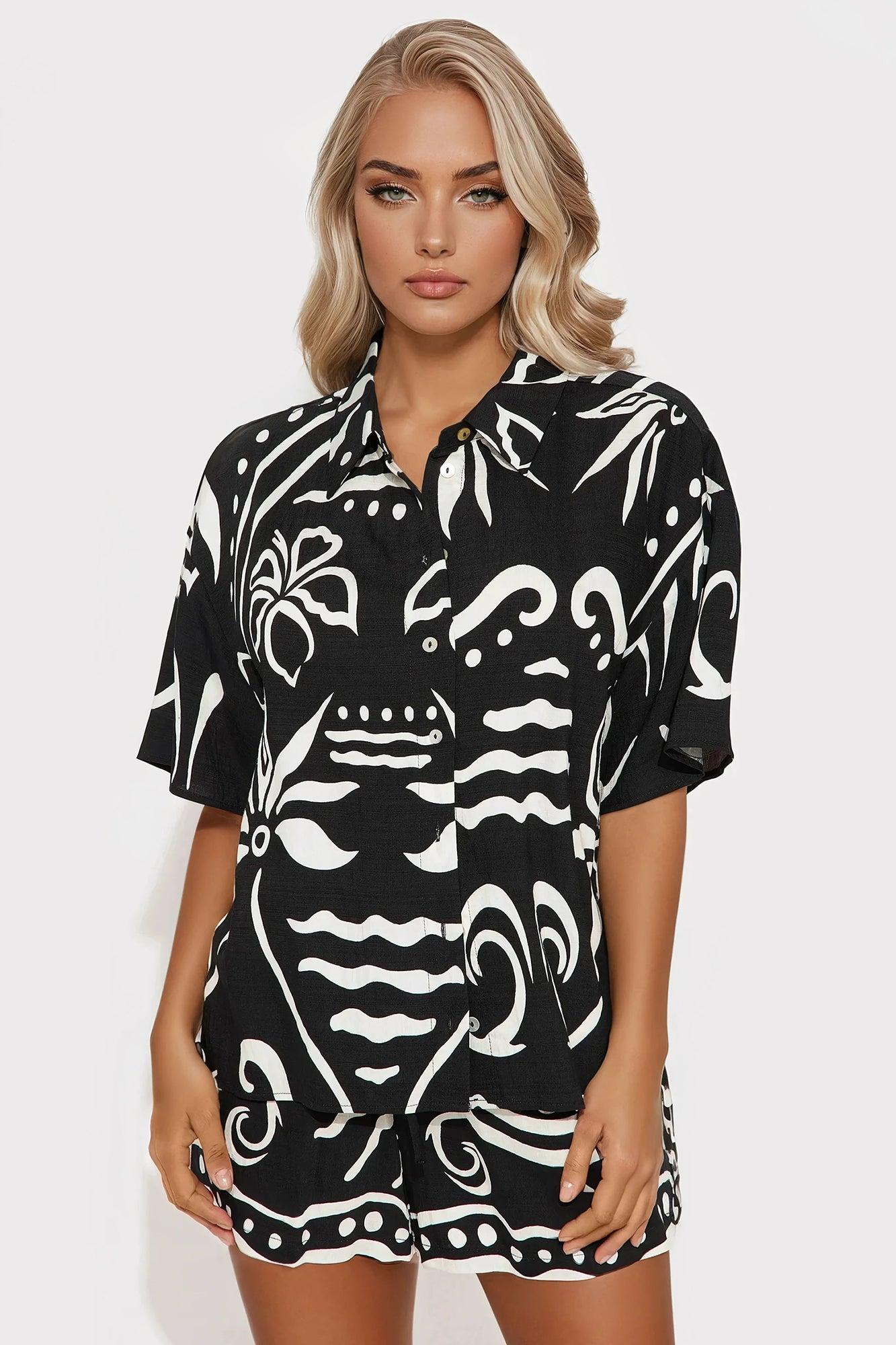 Kauai Linen Short Set - Black/White Product Image