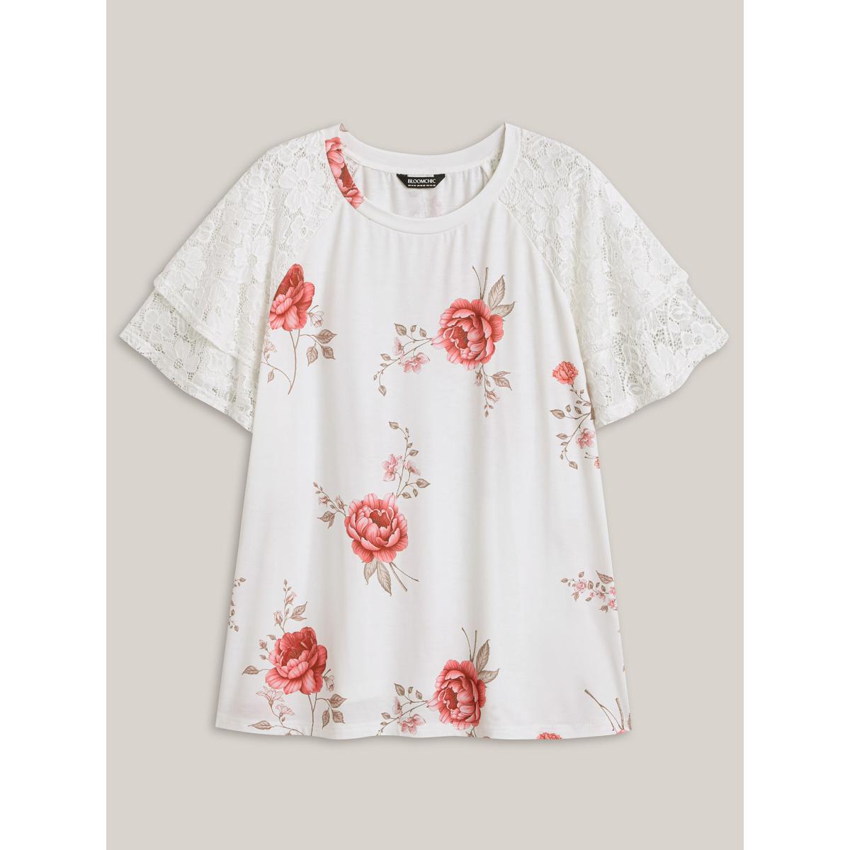 Plus Size Lace Sleeve Layered Floral T-Shirt WhiteSmoke Women Timeless Contrast Natural Flowers Round Neck Elegant T-shirts BloomChic 22-24/3X Product Image