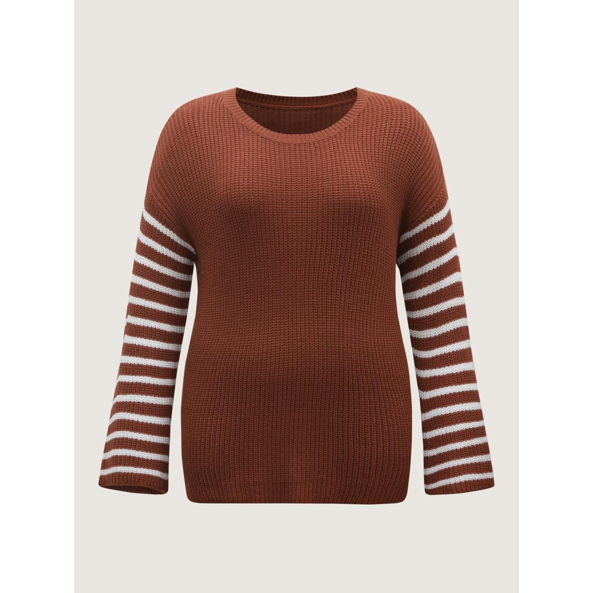 Plus Size Striped Print Textured Drop Shoulder Pullover Yellowishbrown Women Leisure Loose Long Sleeve Round Neck Casual Pullovers BloomChic 12/L Product Image