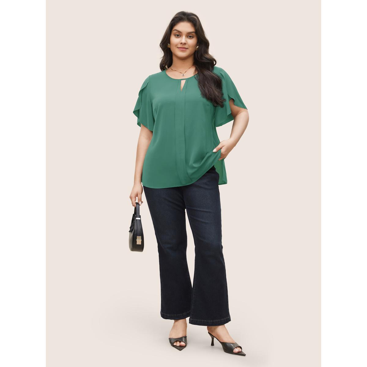 Plus Size Teal Solid Keyhole Petal Sleeve Pleated Blouse Women Work From Home Short sleeve Notched collar Office Blouses BloomChic 18-20/2X Product Image