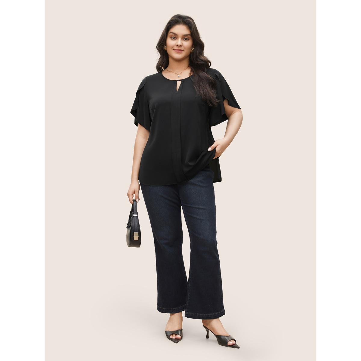 Plus Size Black Solid Keyhole Petal Sleeve Pleated Blouse Women Work From Home Short sleeve Notched collar Work Blouses BloomChic 12/L Product Image