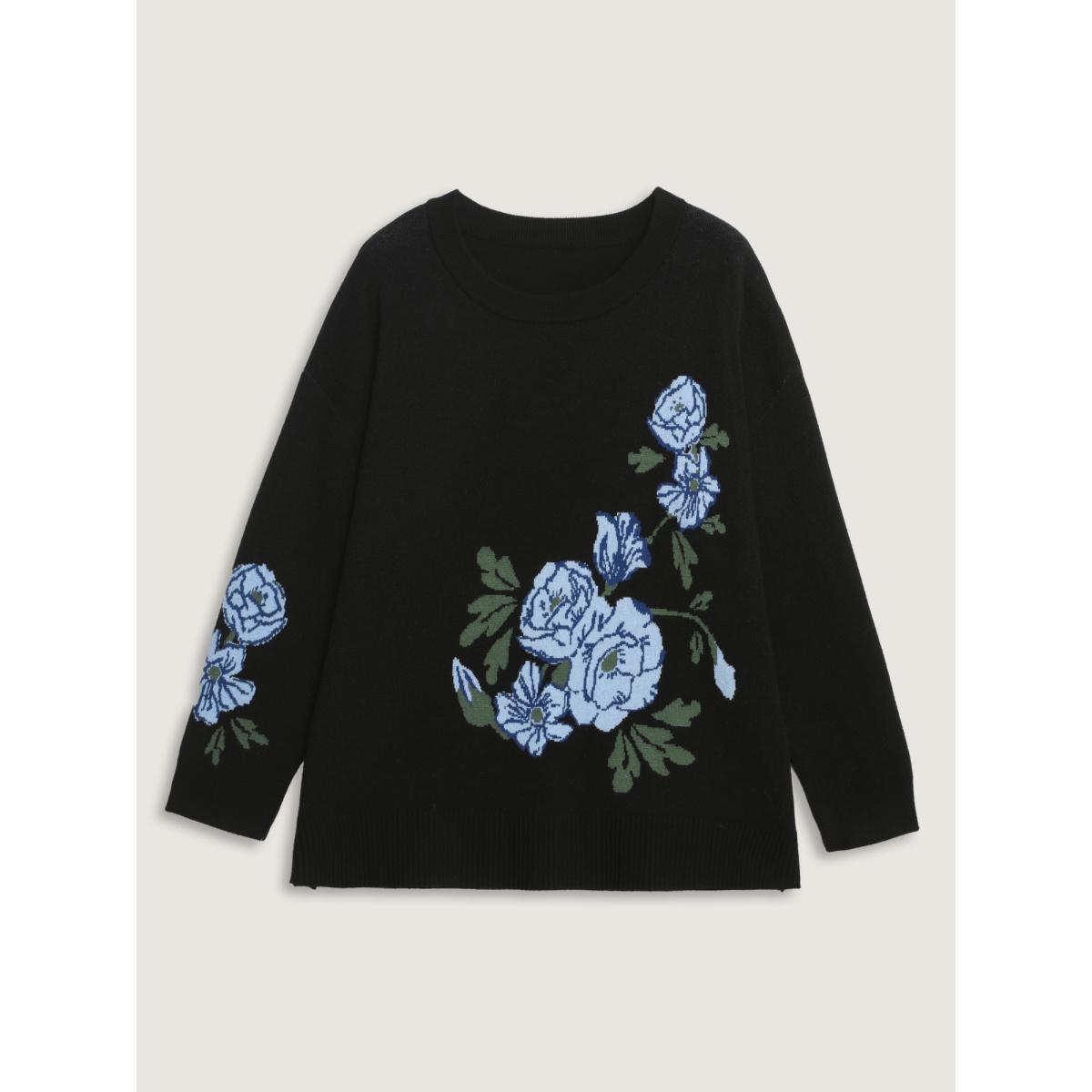 Plus Size Rosy Jacquard Drop Shoulder Pullover Black Women Playful Loose Long Sleeve Round Neck Casual Pullovers BloomChic 30/6X Product Image