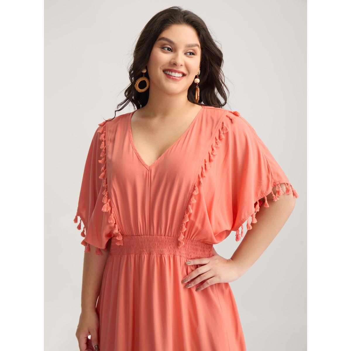 Plus Size Shirred Waist Tassels Tiered Solid Maxi Dress Coral Women V-neck Sleeveless Curvy BloomChic 12/L Product Image