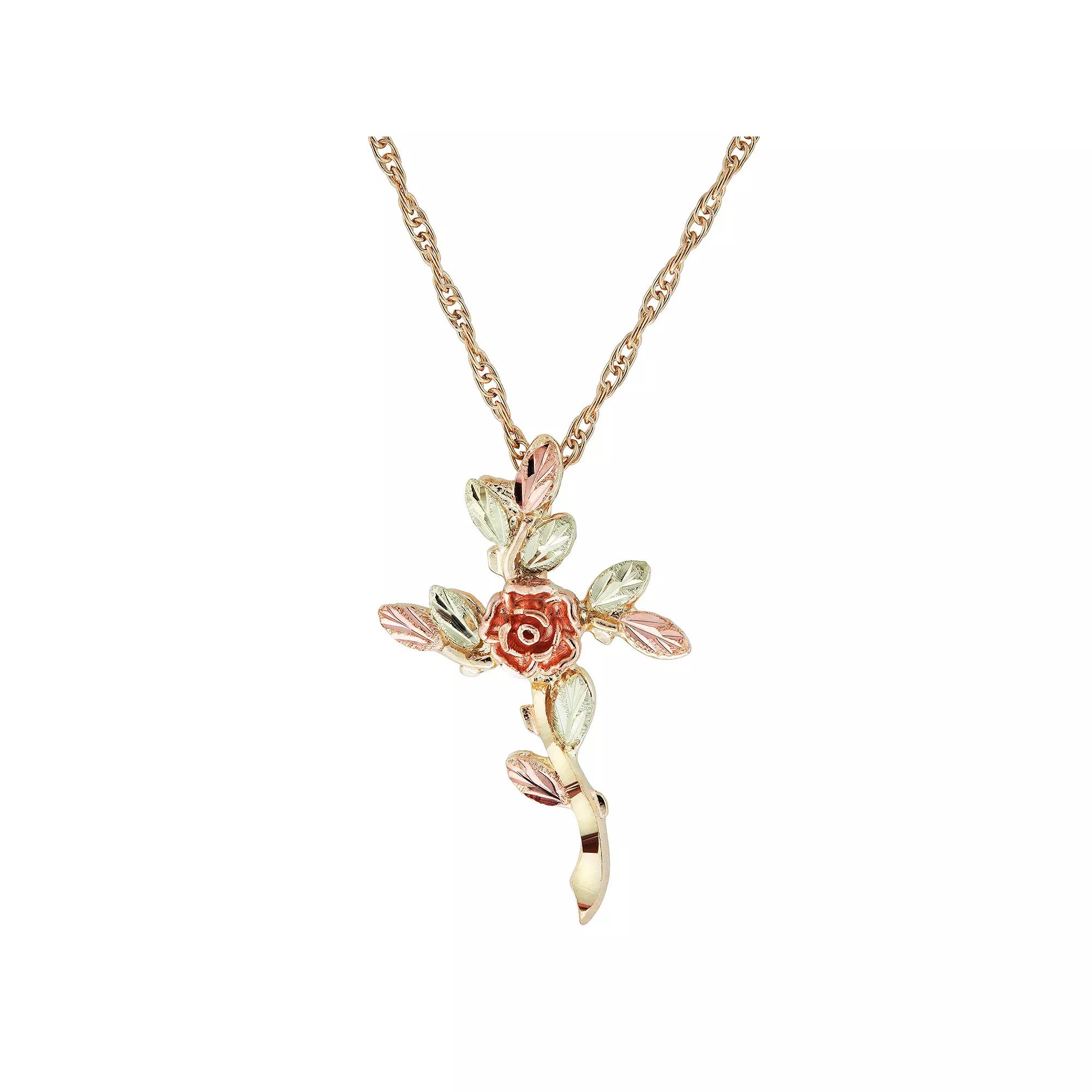 Black Hills Gold Tri-Tone Rose Cross Pendant Necklace, Women's, Size: 18", 10k Gold Product Image