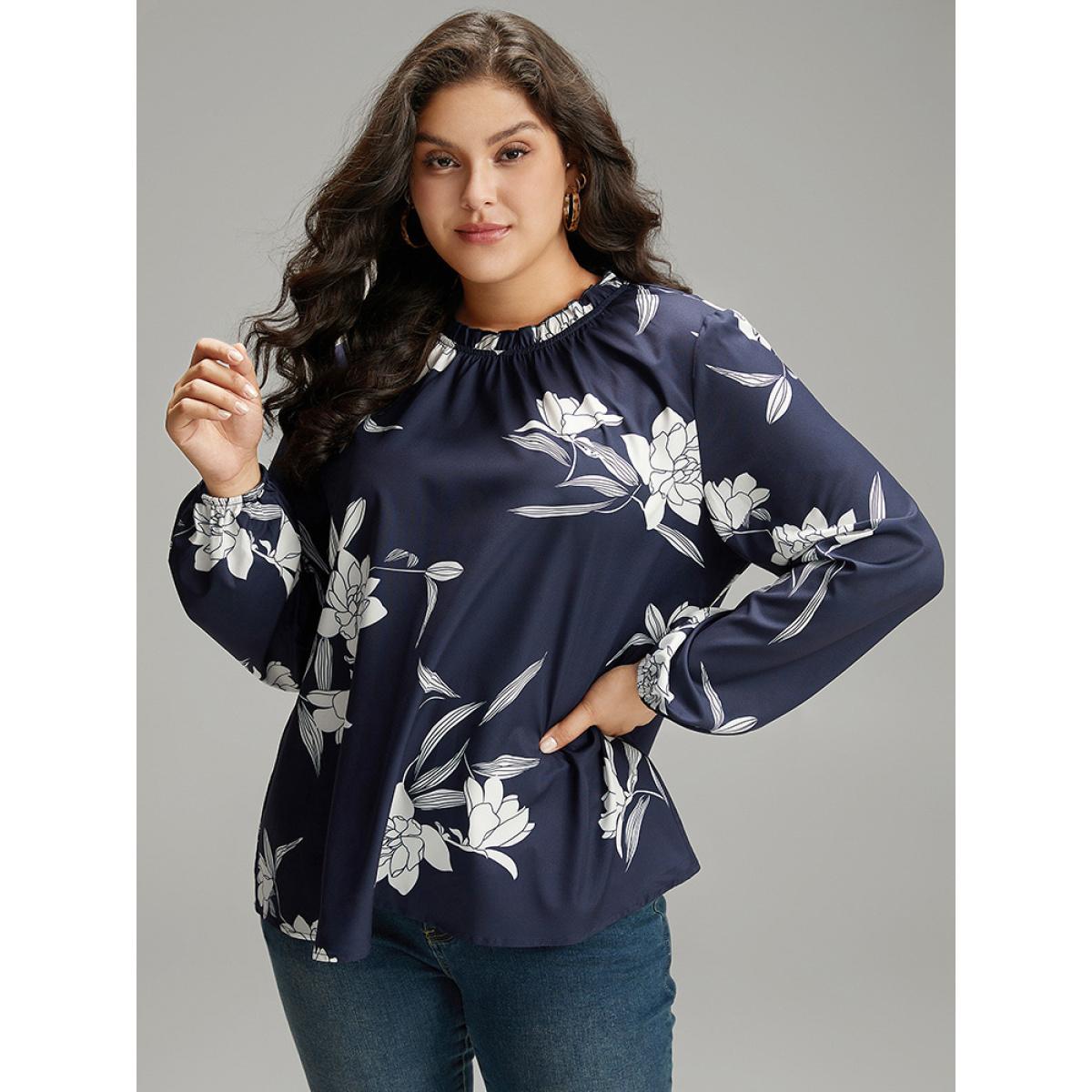 Plus Size Indigo Silhouette Floral Print Frill Trim Pleated Blouse Women Elegant Long Sleeve Round Neck Dailywear Blouses BloomChic 10/M Product Image