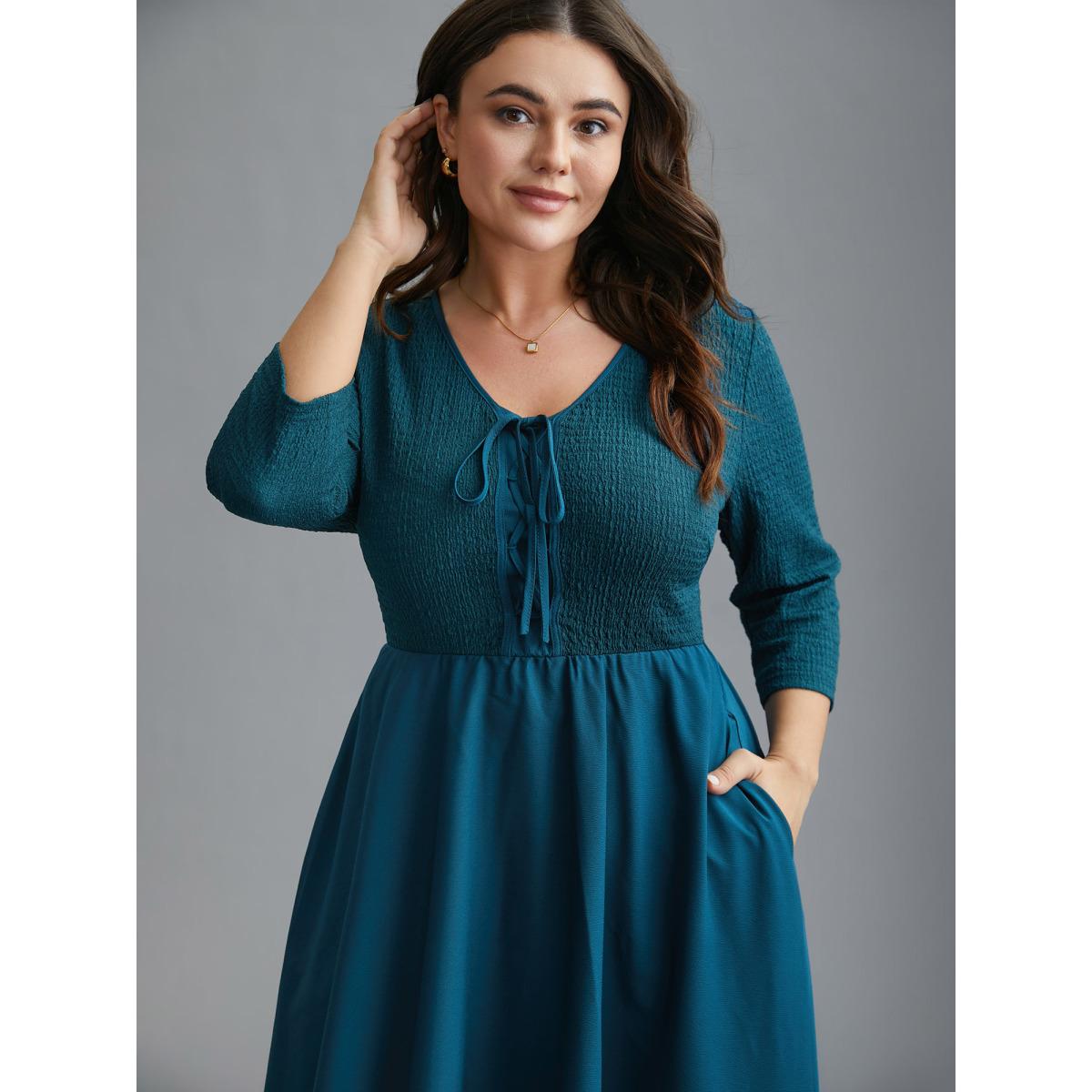 Plus Size Adjustable Drawstring Asymmetrical Hem Textured Dress Aegean Women Elegant Wraparound straps V-neck Elbow-length sleeve Curvy BloomChic 26/4X Product Image