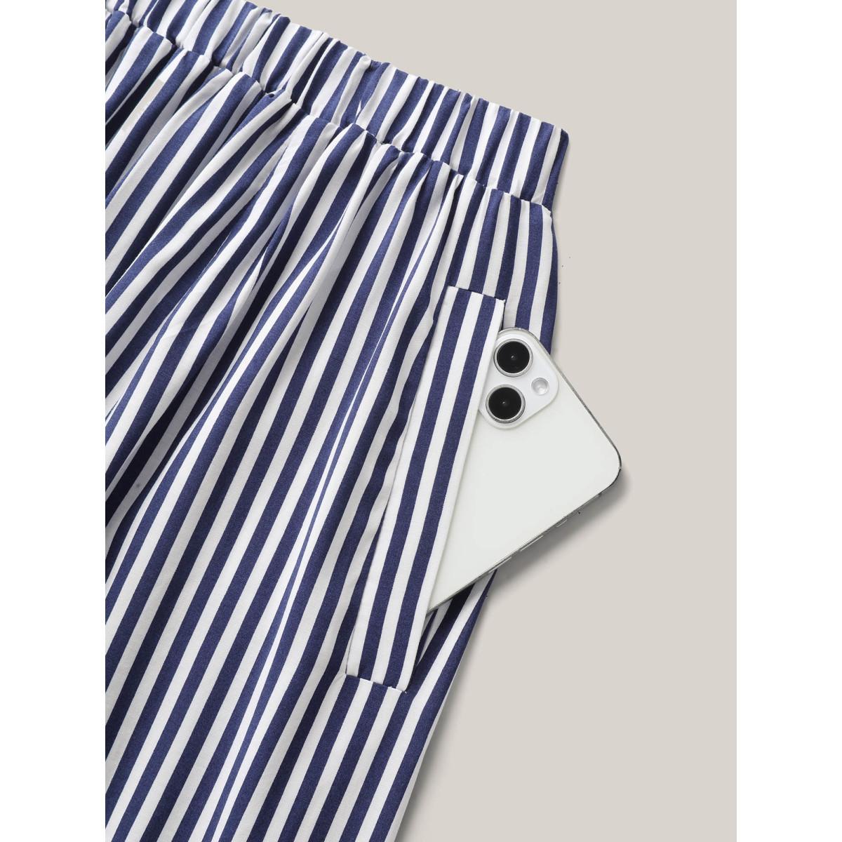 Plus Size Striped Floral Hem Flowy Maxi Skirt Women DarkBlue Loose No stretch Side seam pocket Vacation Skirts BloomChic 10/M Product Image