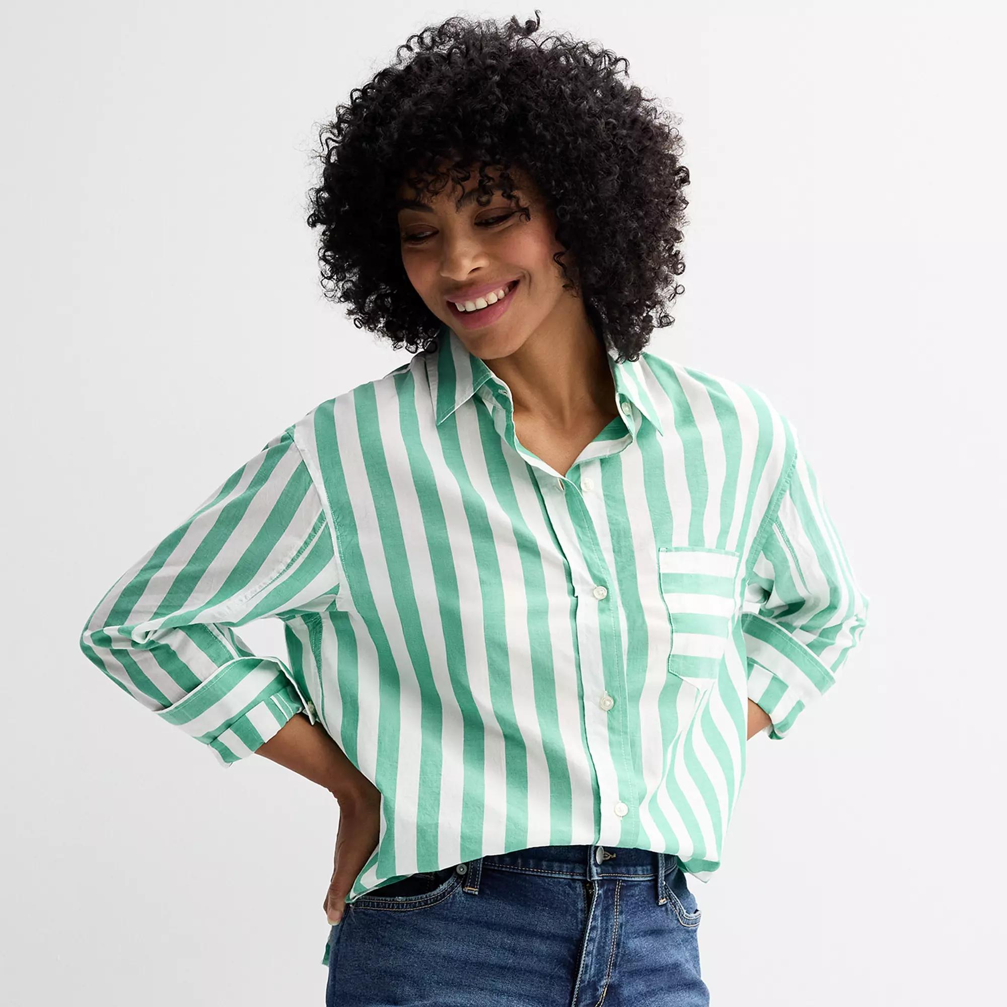 Women's Sonoma Goods For Life® Oversized Boyfriend Shirt, Size: Medium, White Green Stripe Product Image