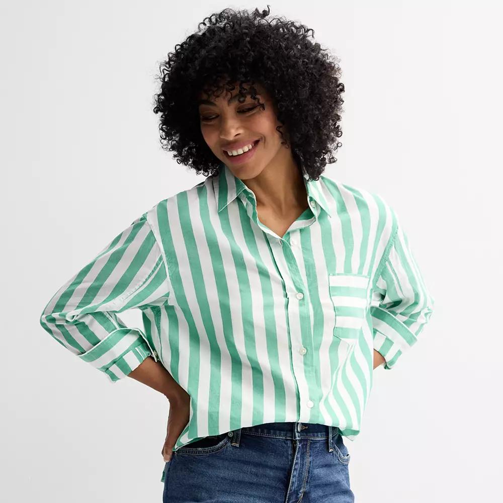 Petite Sonoma Goods For Life® Oversized Boyfriend Shirt, Women's, Size: XXL Petite, White Green Stripe Product Image