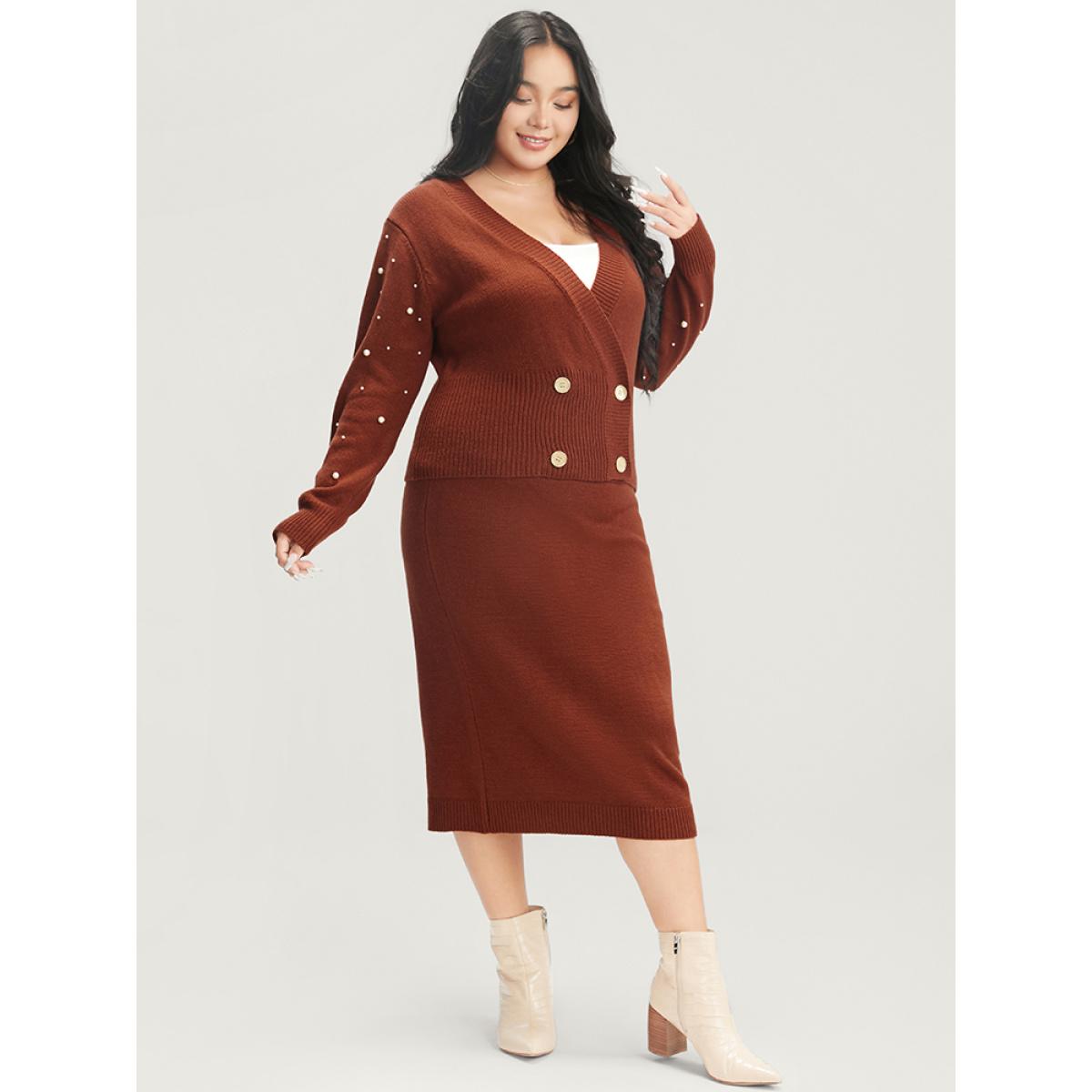 Plus Size Solid Pointelle Knit Pearls Beaded Button Front Knit Top Maroon Women Elegant Long Sleeve Deep V-neck Dailywear Pullovers BloomChic 22-24/3X Product Image