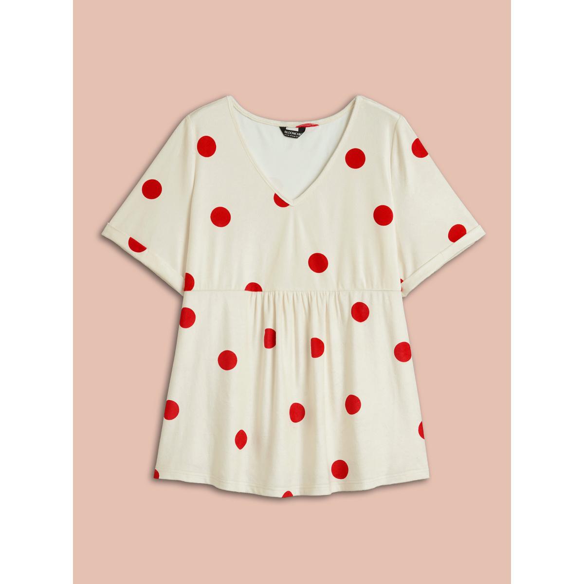 Plus Size Mink Velvet Polka Dots Contrast T-Shirt Beige Women Casual Gathered V-neck Bodycon Everyday T-shirts BloomChic 14-16/1X Product Image