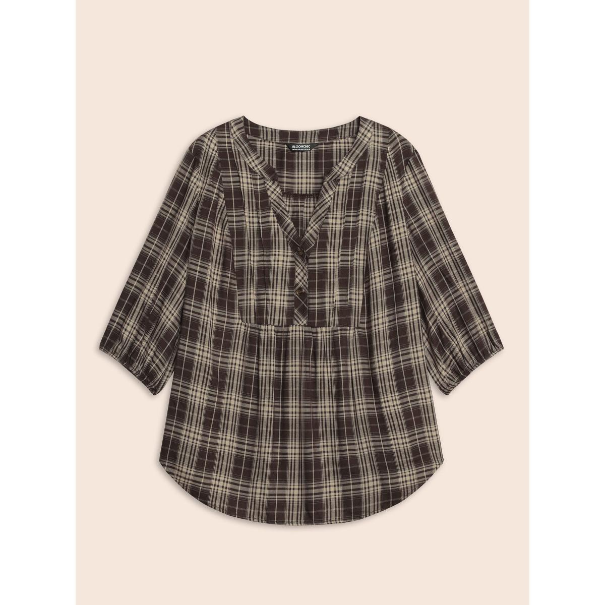 Plus Size DarkBrown Plaid Pleated Button Placket Blouse Women Elegant Elbow-length sleeve Flat collar with V-notch Everyday Blouses BloomChic 22-24/3X Product Image