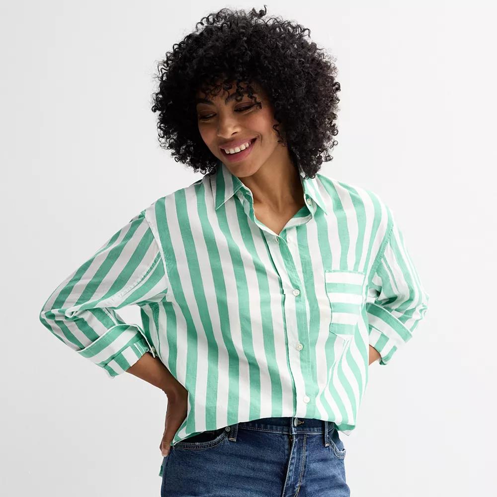 Petite Sonoma Goods For Life® Oversized Boyfriend Shirt, Women's, Size: XXL Petite, White Green Stripe Product Image