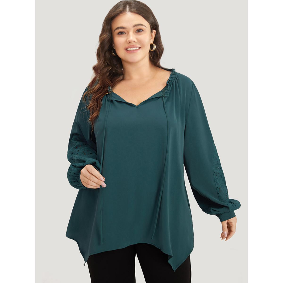 Plus Size DarkGreen Anti-Wrinkle Broderie Anglaise Knot Neck Frill Trim Lantern Sleeve Blouse Women Office Long Sleeve Tie Neck Office Blouses BloomChic 22-24/3X Product Image