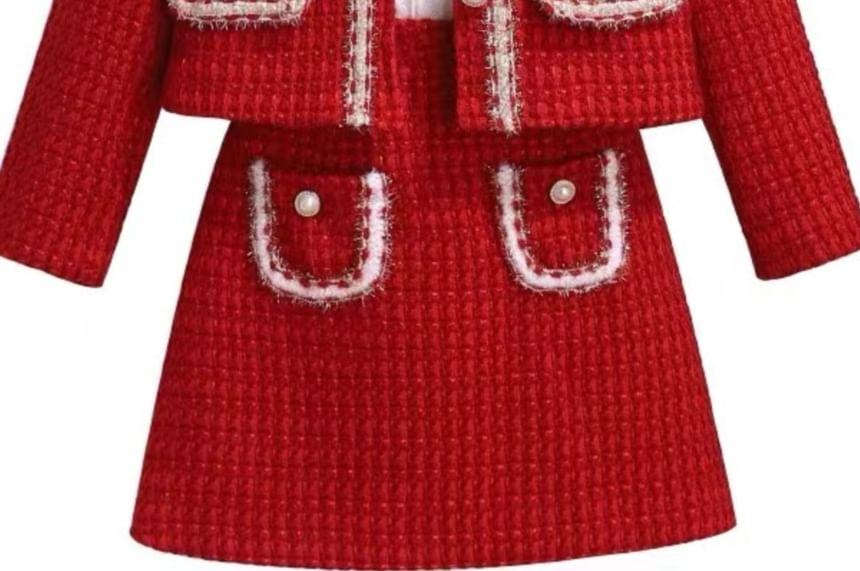 Puff-Sleeve High Neck Blouse / Tweed Faux Pearl Button-Up Jacket / High Waist Mini A-Line Skirt / Set Product Image