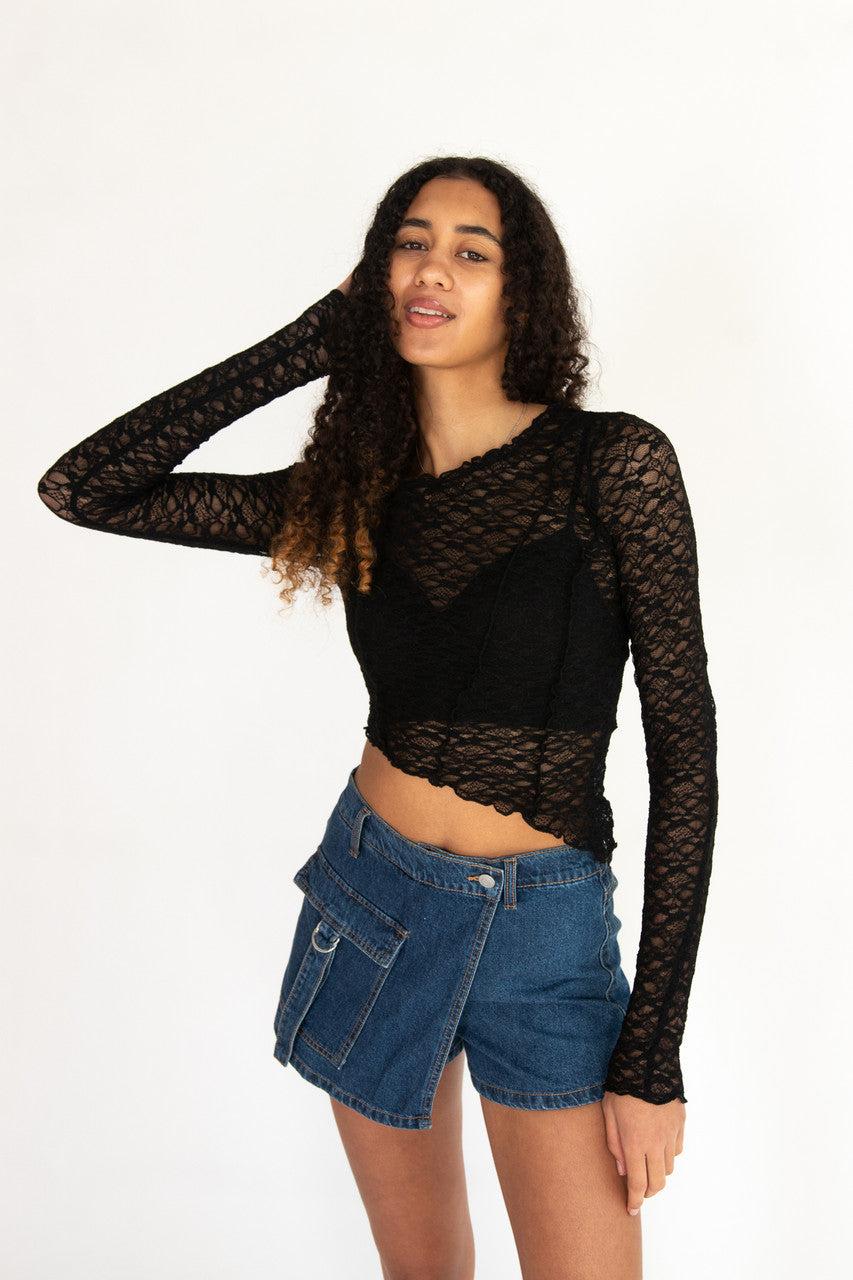 Long Sleeve Asymmetrical Lace Top Product Image