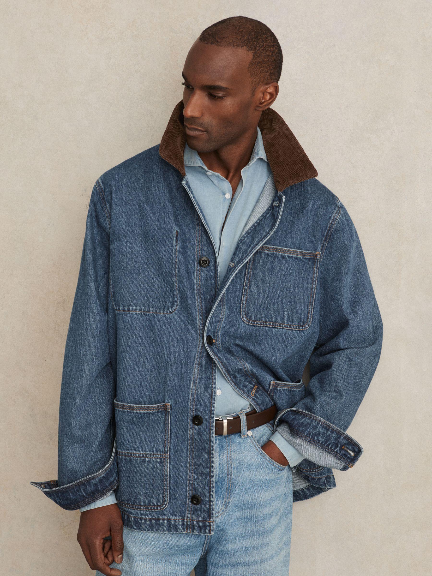 Corduroy Collar Denim Worker Jacket in Denim Blue Product Image