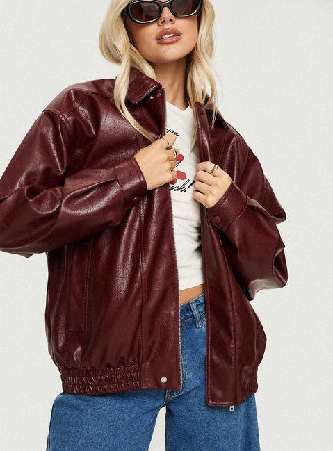 Devija Faux Leather Jacket Burgundy Product Image