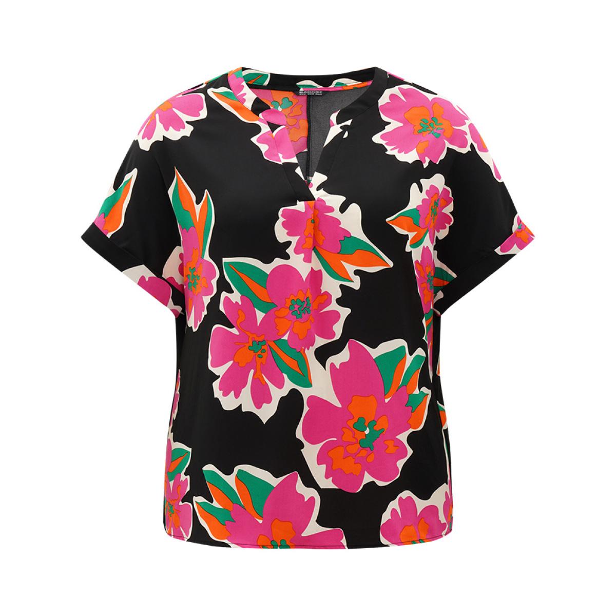 Plus Size Multicolor Floral Print Notched Roll Dolman Sleeve Blouse Women Glamour Short sleeve Notched collar Going out Blouses BloomChic 10/M Product Image