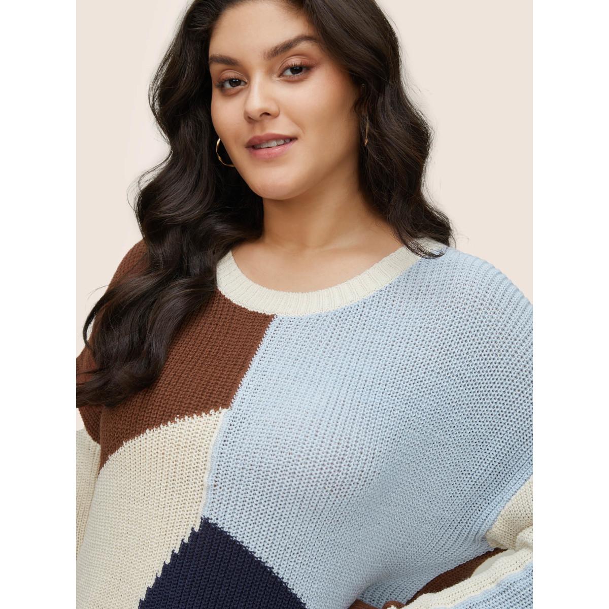 Plus Size Asymmetrical Colorblock Contrast Drop Shoulder Pullover DarkBrown Women Casual Loose Long Sleeve Round Neck Dailywear Pullovers BloomChic 18-20/2X Product Image