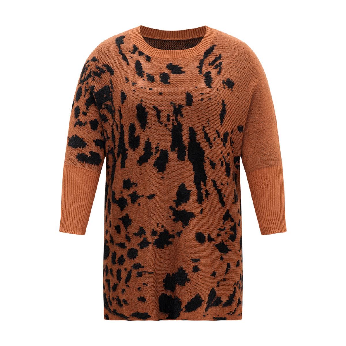 Plus Size Leopard Batwing Sleeve Split Hem Pullover Rust Women Casual Loose Long Sleeve Round Neck Dailywear Pullovers BloomChic 12/L Product Image