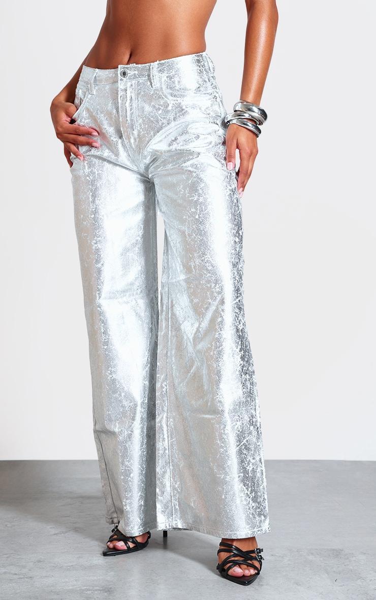 Silver Coated Crackle Effect Denim Wide Leg Jeans Product Image