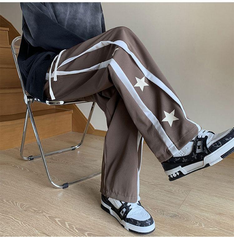 Drawstring Waist Star Print Panel Straight Leg Pants Product Image