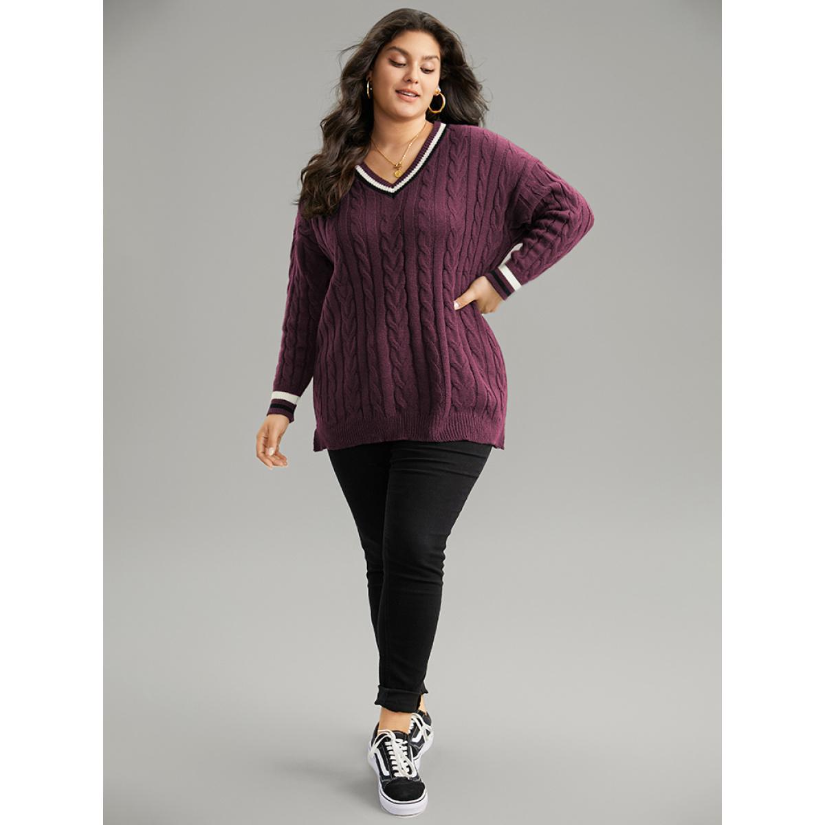 Plus Size Cable Knit Contrast Trim Drop Shoulder Pullover Burgundy Women Casual Loose Long Sleeve V-neck Dailywear Pullovers BloomChic 14-16/1X Product Image