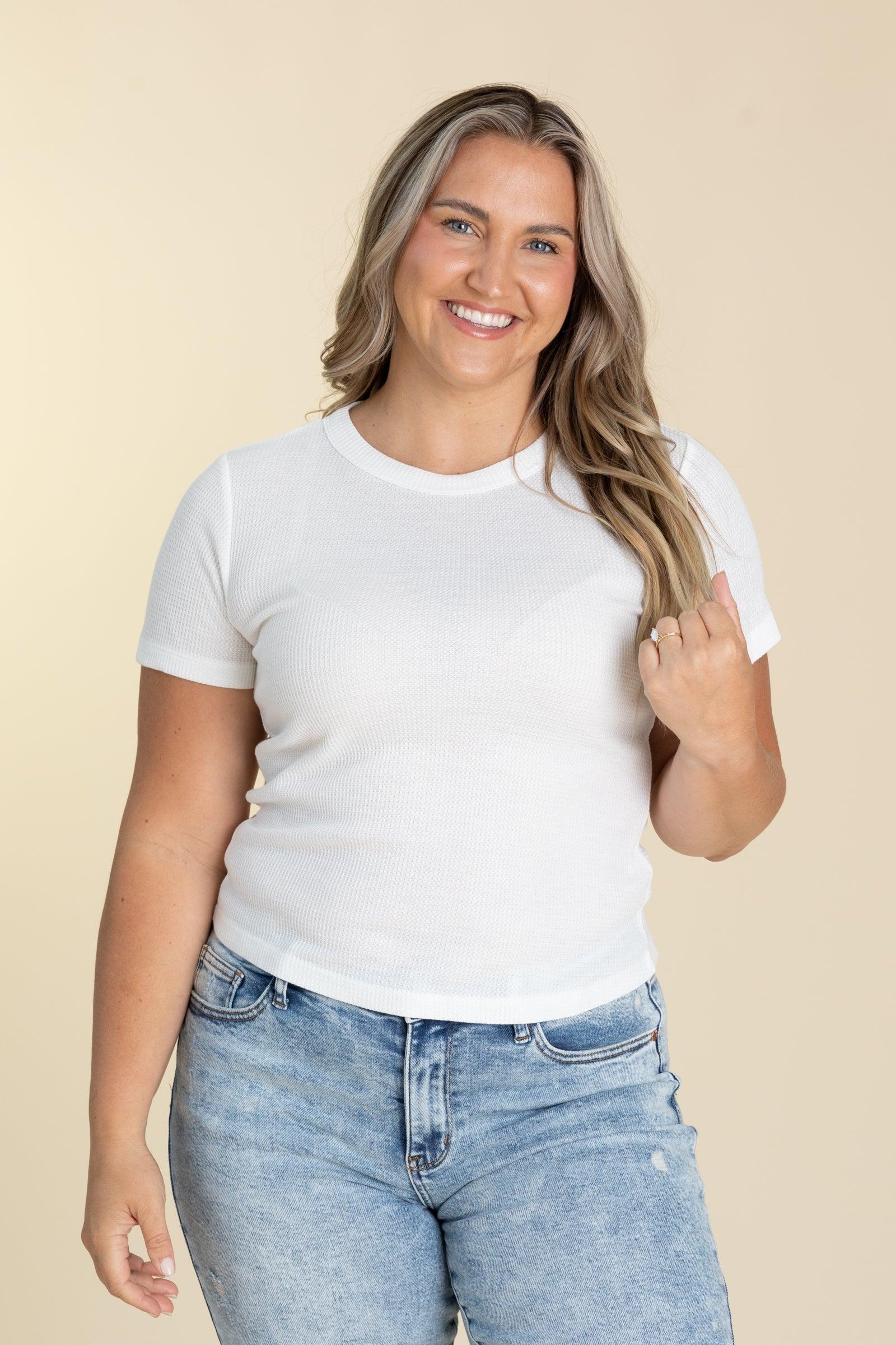 Soft Waffle Knit Slim Fitted Short Sleeve Tops Product Image