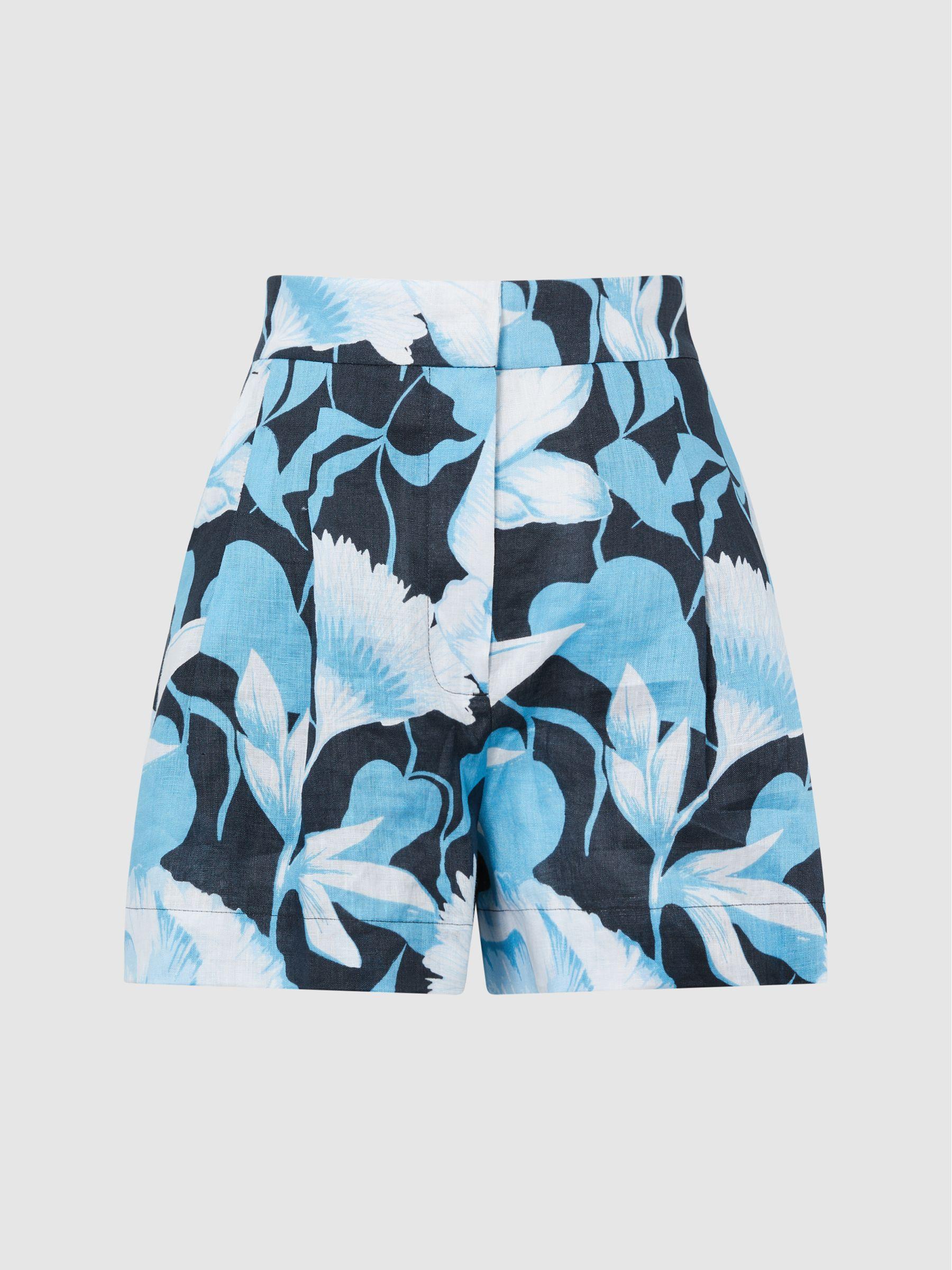 Linen Floral Printed Shorts in Blue Print Product Image