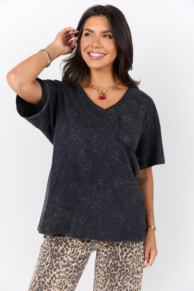 When We Meet Black Oversized Acid Wash V-Neck Tee Product Image