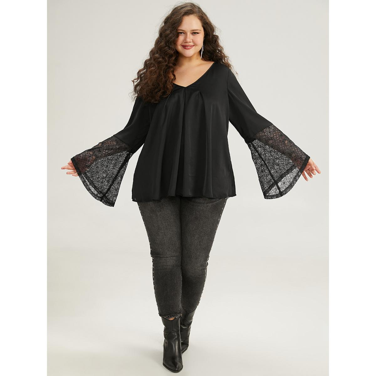 Plus Size Black Halloween Lace Patchwork Ties Bell Sleeve Blouse Women Elegant Long Sleeve V-neck Festival-Halloween Blouses BloomChic 22-24/3X Product Image