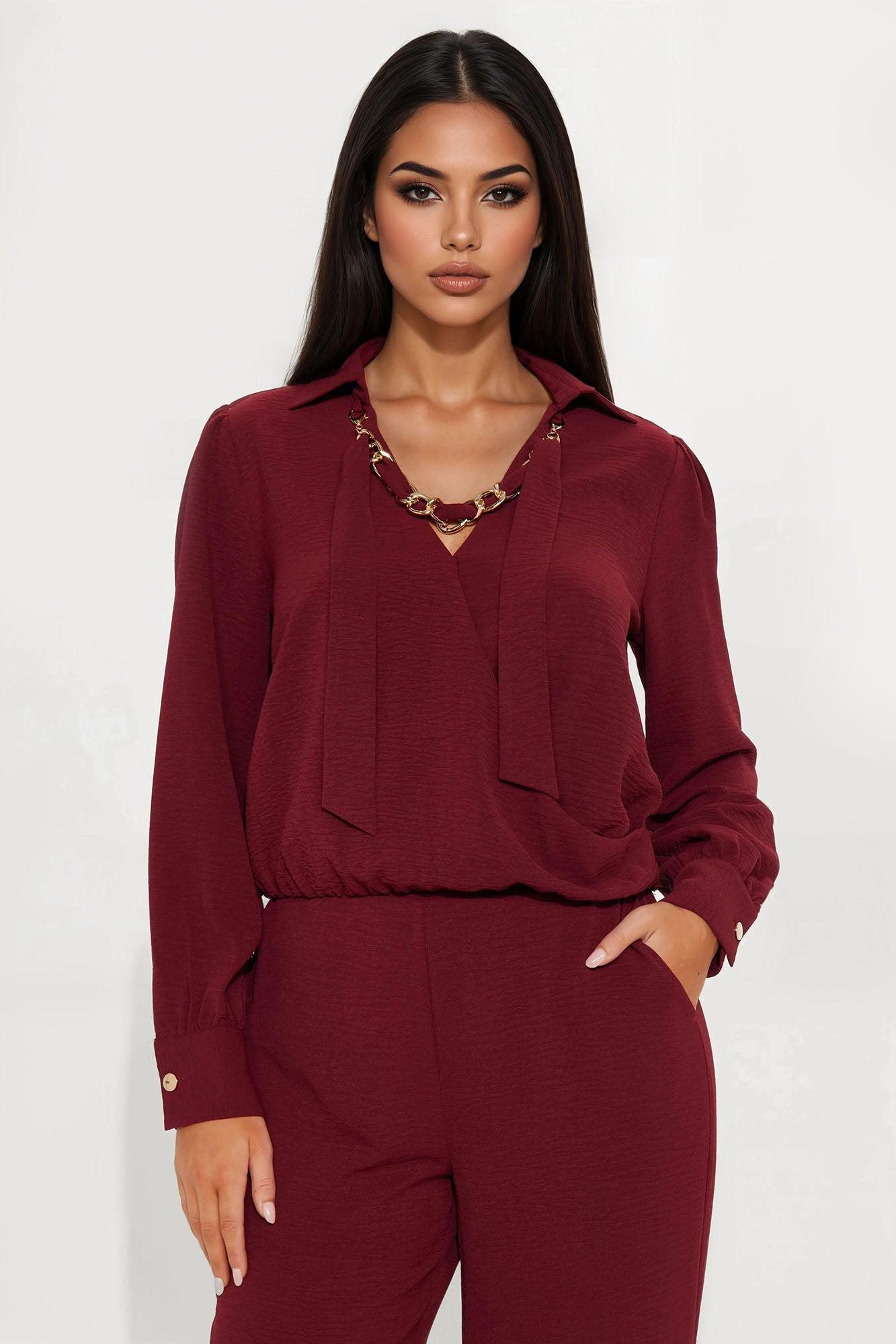 Sleek Statement Long Sleeve Pant Set - Wine Female Product Image