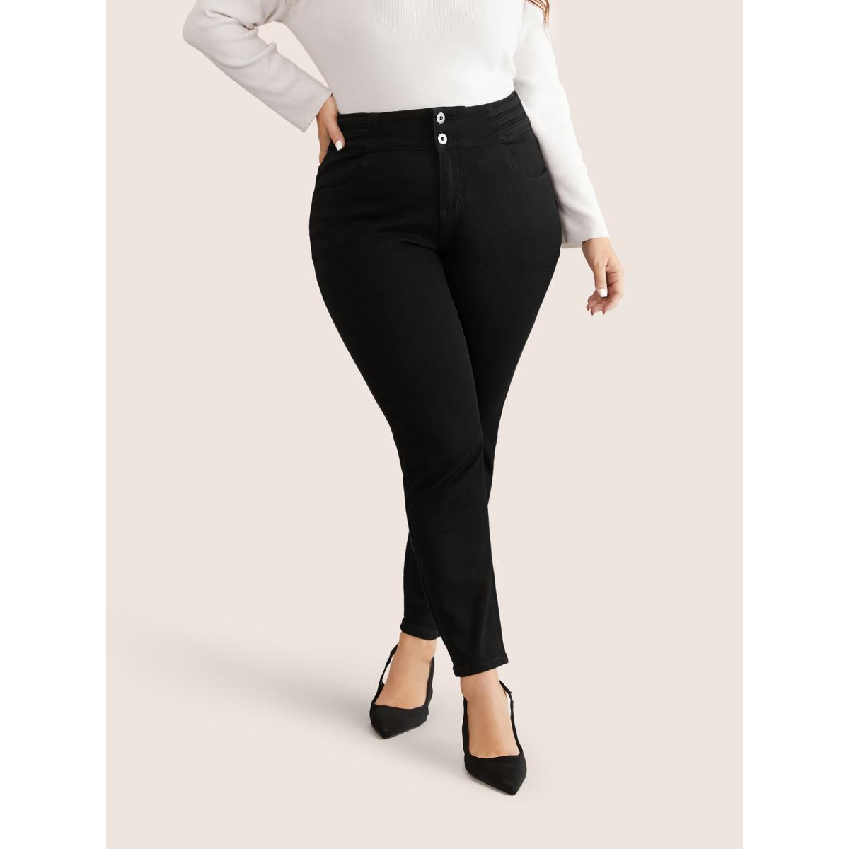 Plus Size Black Wash Button Through Skinny Jeans Women Black Casual Plain Plain High stretch Pocket Jeans BloomChic 16/1X Product Image