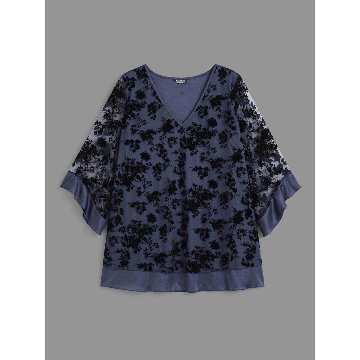 Plus Size Indigo Floral Flocking Mesh Asymmetrical Hem Blouse Women Timeless Three Quarter Length Sleeve V-neck Elegant Blouses BloomChic 10/M Product Image
